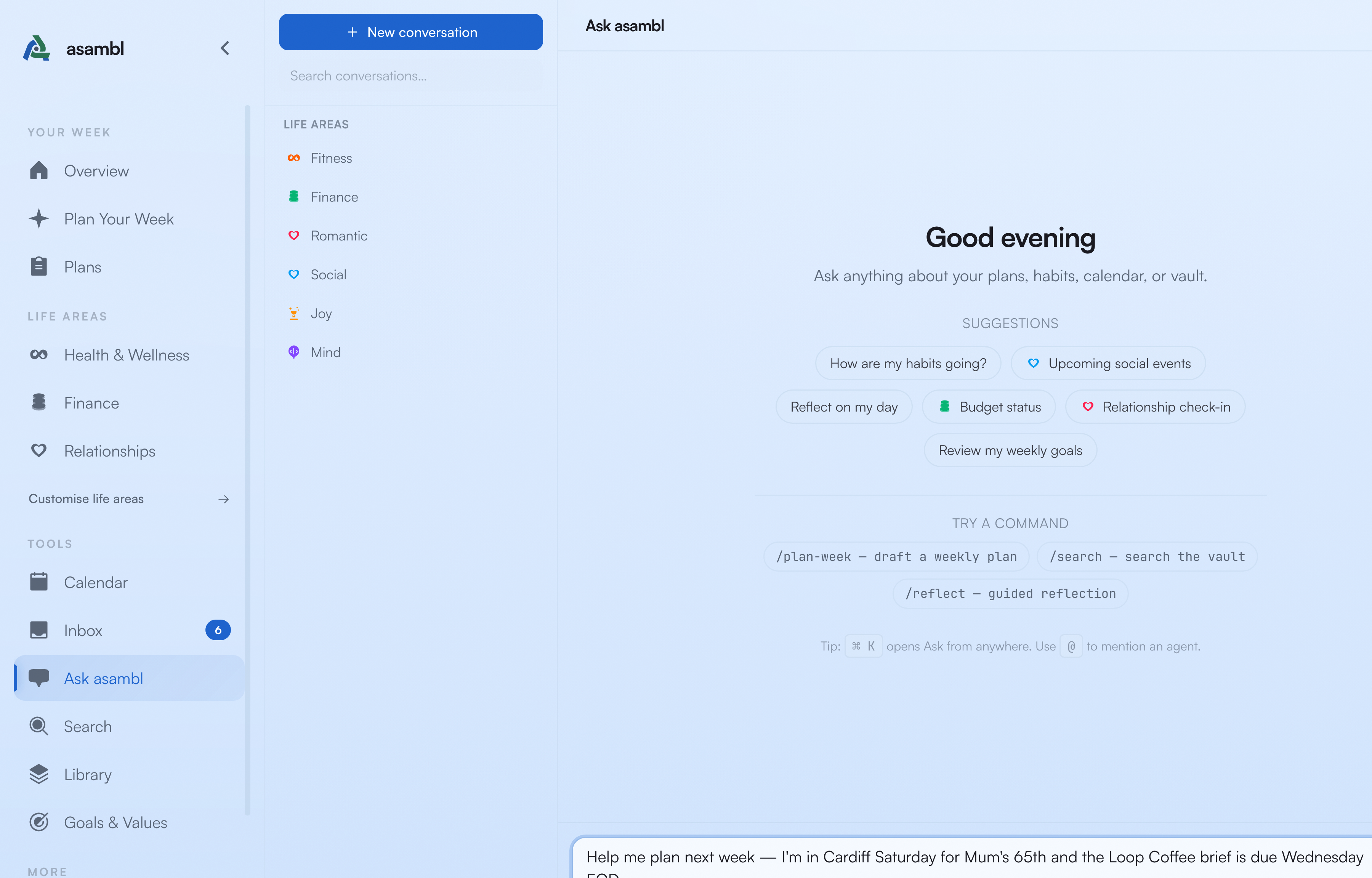 Ask asambl chat panel showing a streamed response with an action card awaiting approval