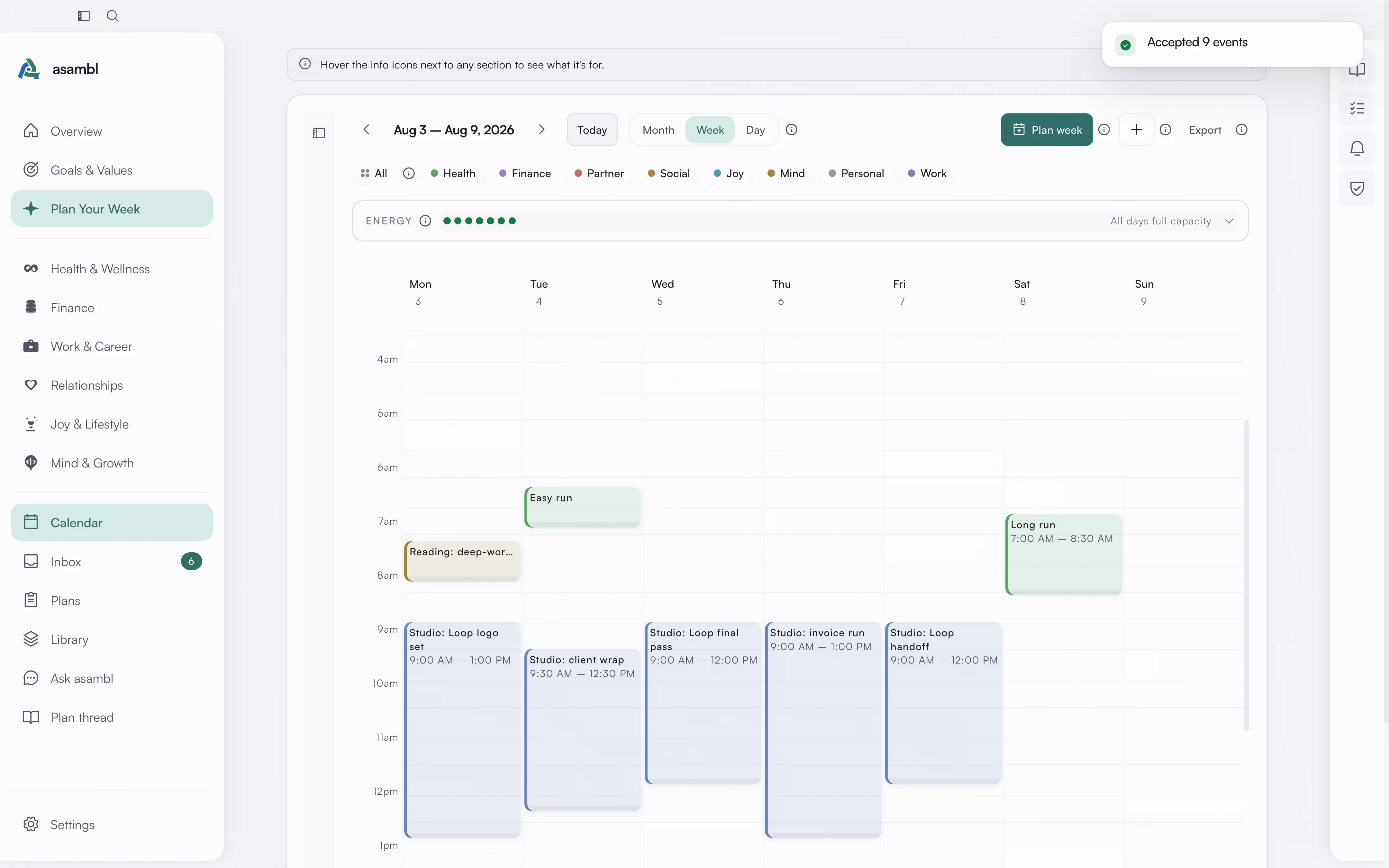 The approved weekly plan on the asambl calendar, colour-coded by life area