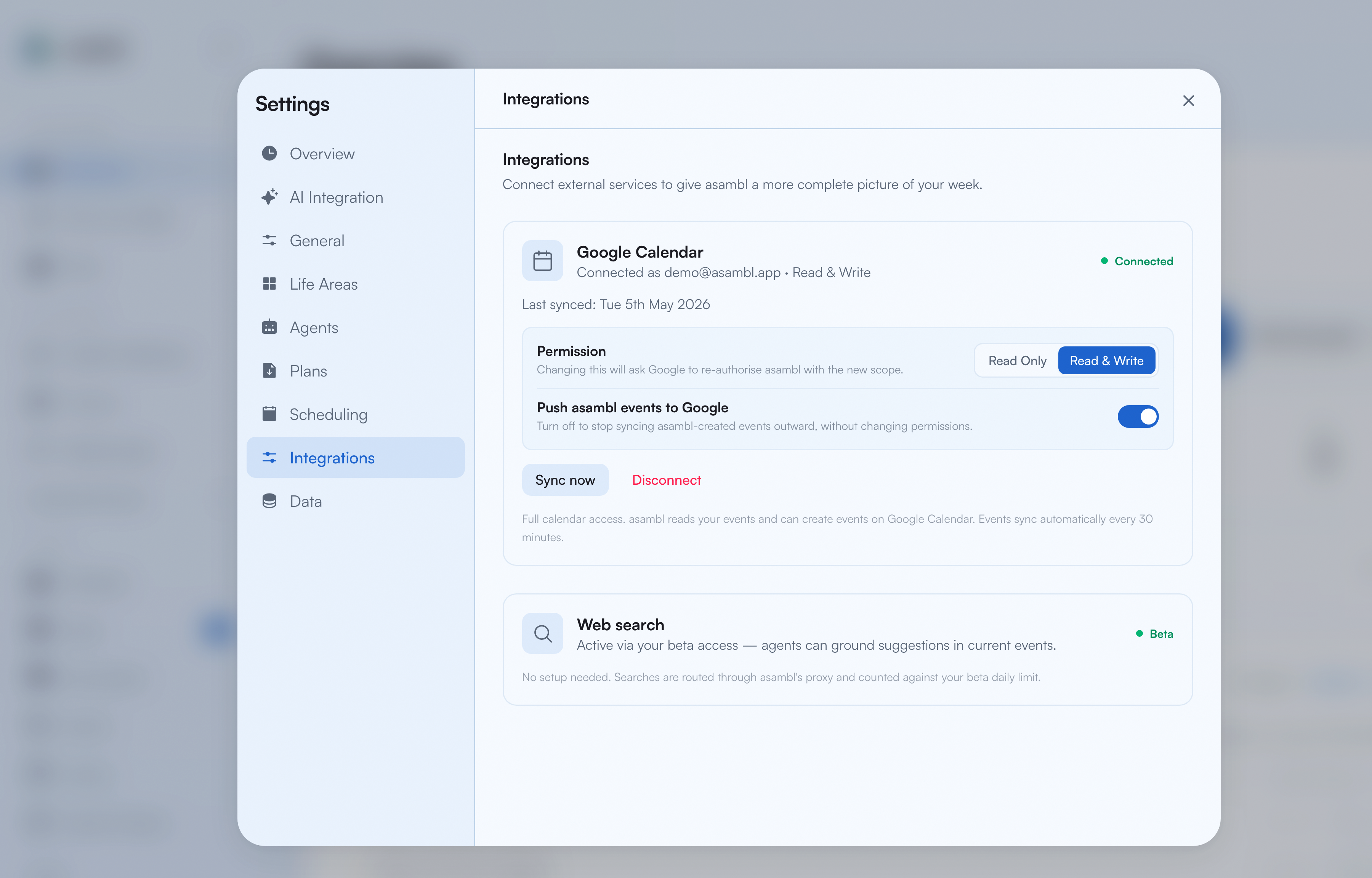 Settings panel with Google Calendar connected