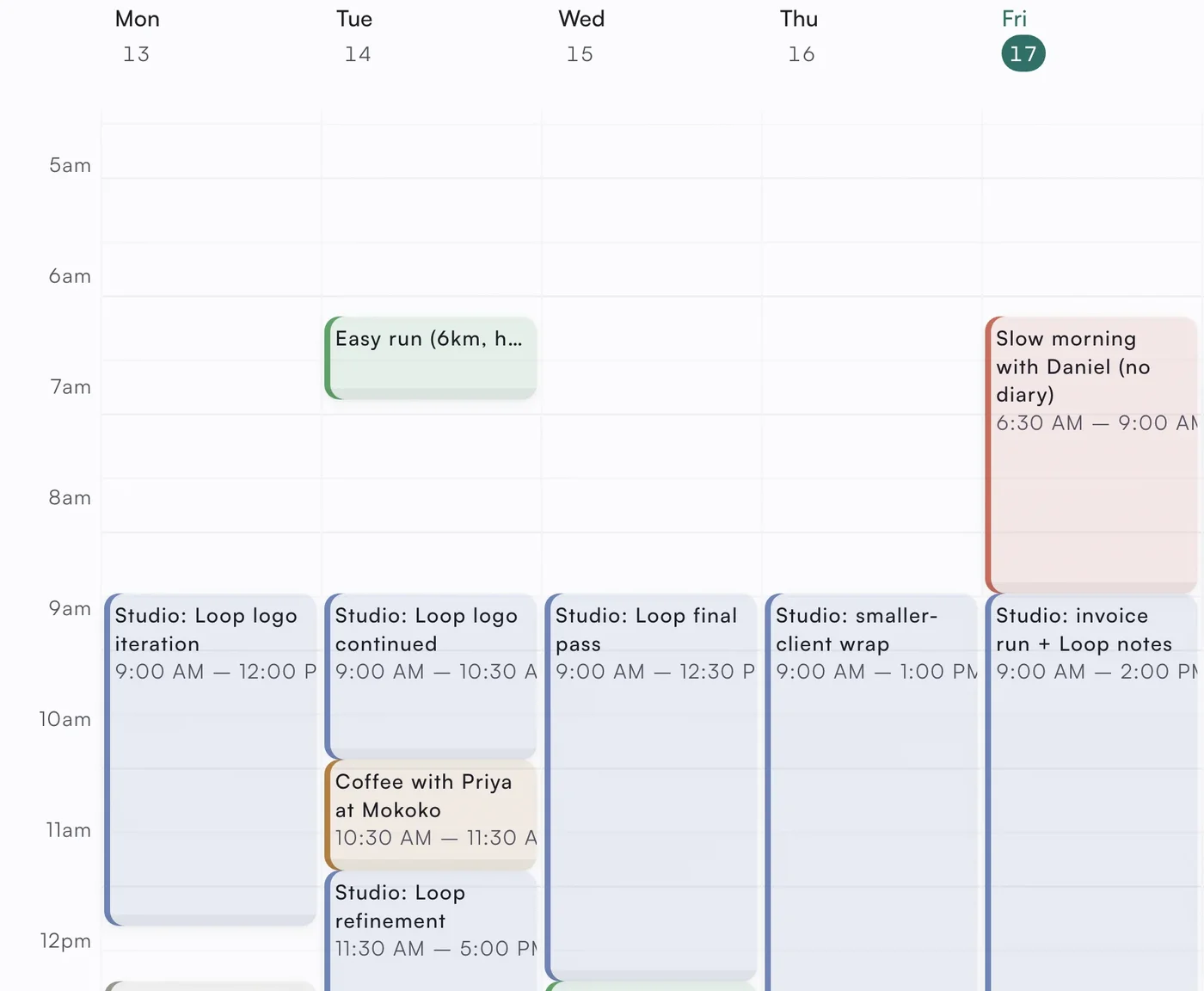 A week in the asambl calendar with each task given a time: studio work blocks through the mornings, an easy run and a coffee between them, and Friday's slow morning protected.