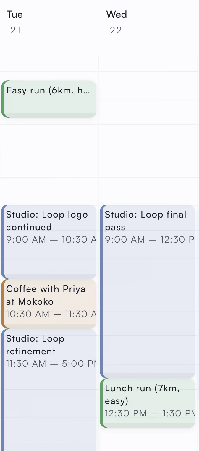 Two days of an asambl calendar week: an easy 6km run at 6:30 on Tuesday and an easy 7km lunch run on Wednesday, placed around long Studio: Loop work blocks.