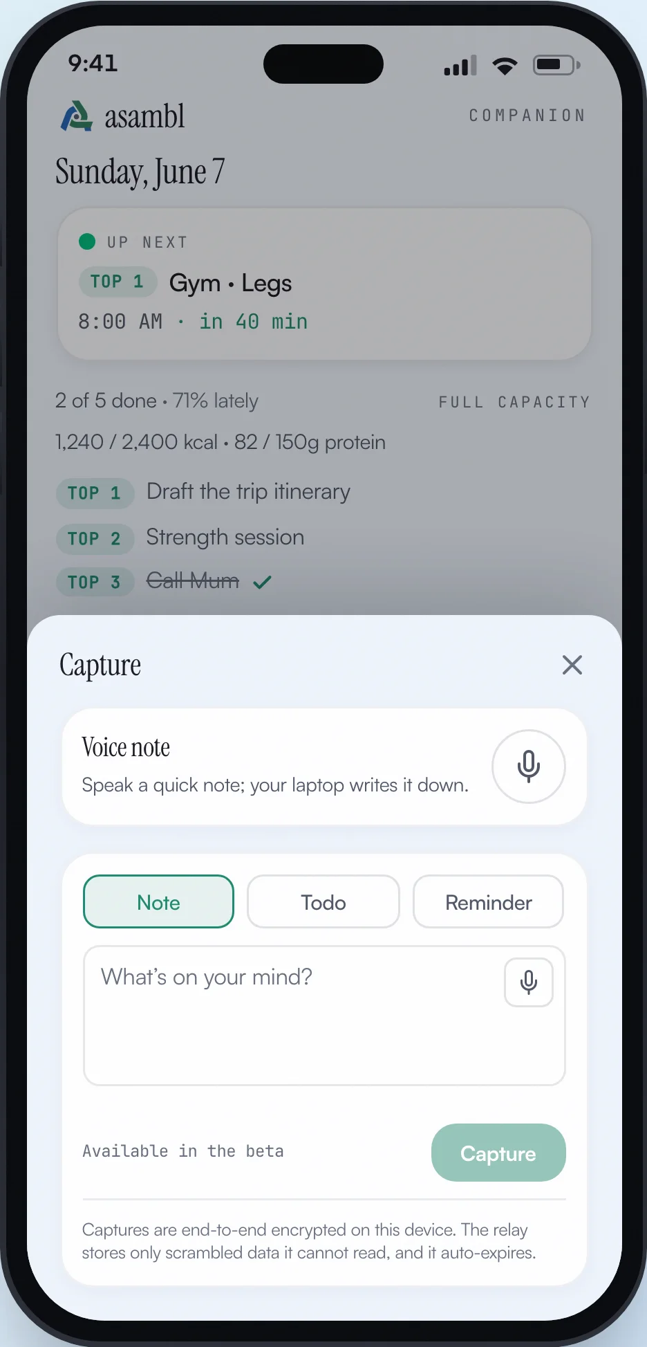 The asambl Companion's capture sheet open on a phone: a voice-note row, Note, Todo and Reminder modes, a free-text composer asking what is on your mind, and a Capture button.