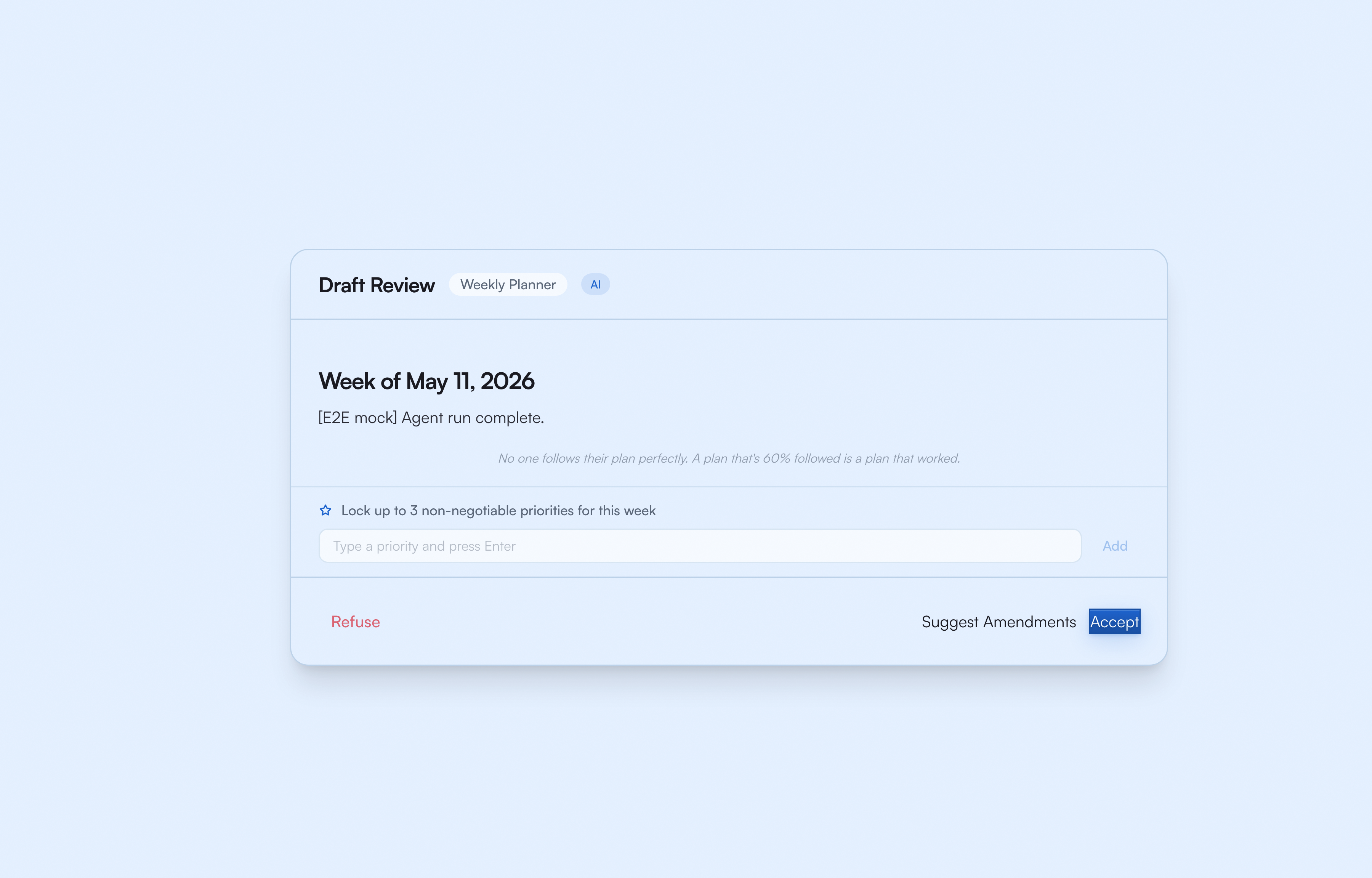 Draft review modal showing a proposed change mid-amend with approve and amend controls