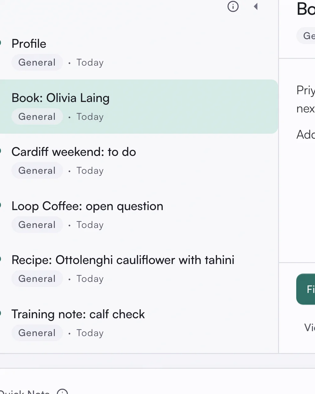 asambl's desktop inbox list holding six captures including a book recommendation marked Book: Olivia Laing, a Cardiff weekend to-do, a Loop Coffee open question, an Ottolenghi recipe, and a training note about a calf check, each tagged General and dated today.