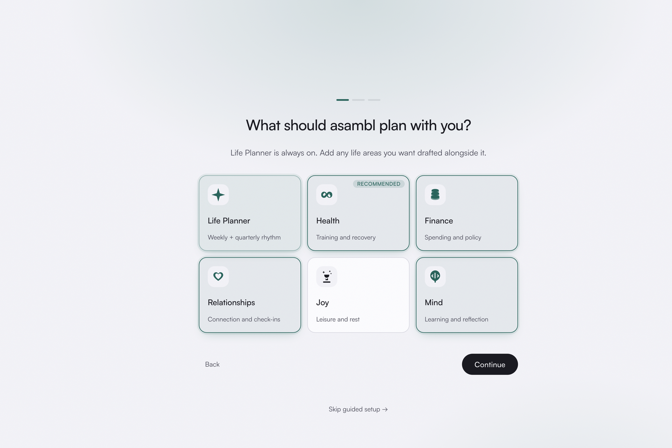 Choosing which life areas asambl should plan with you