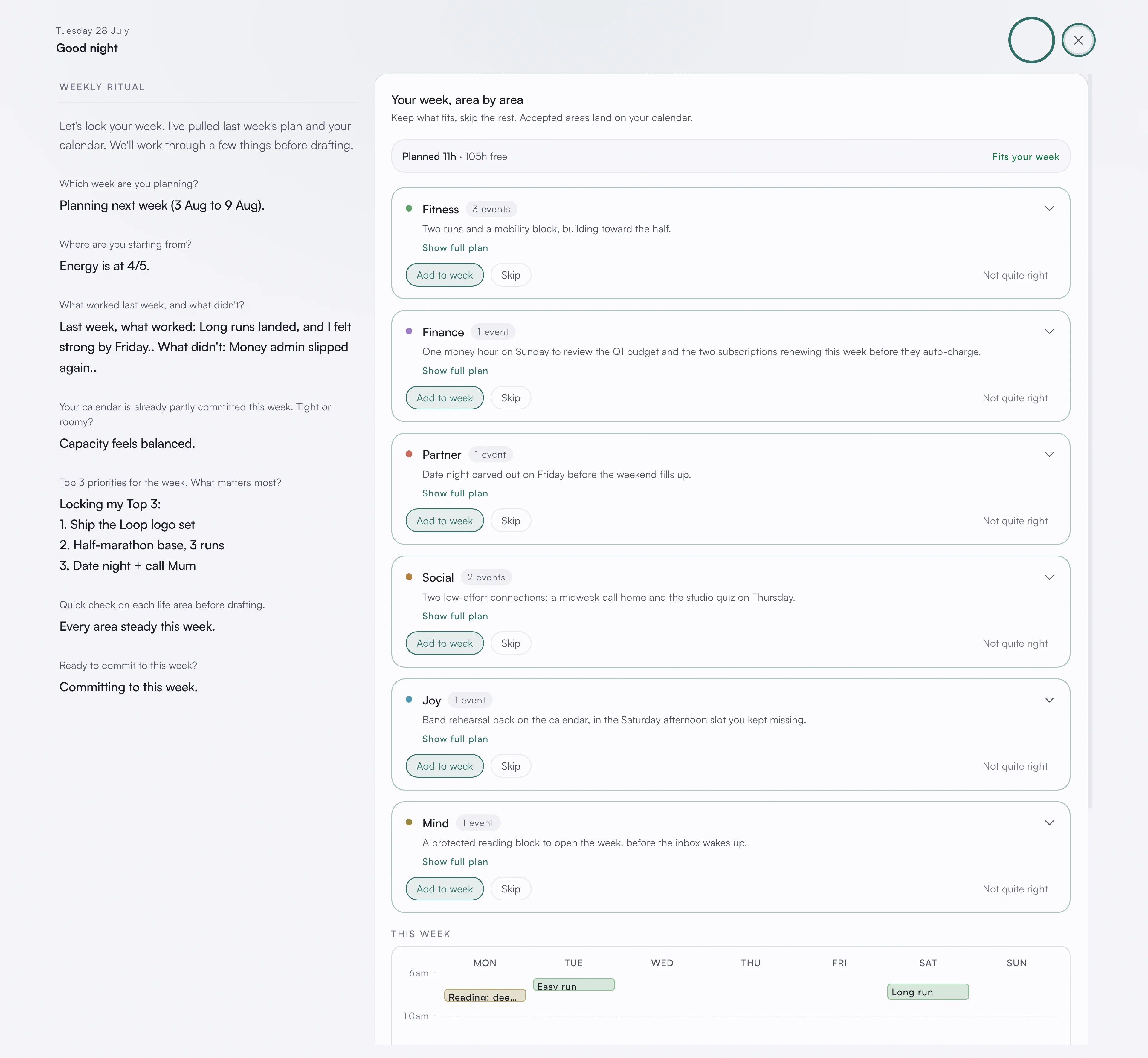 The weekly plan review in asambl, each drafted block listed for approval
