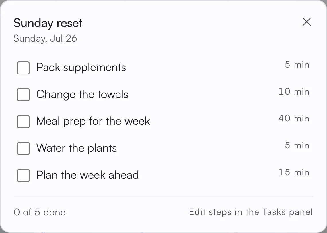 asambl's routine checklist for a Sunday reset: five unticked steps with minutes against each (pack supplements 5, change the towels 10, meal prep for the week 40, water the plants 5, plan the week ahead 15) and a footer reading 0 of 5 done.