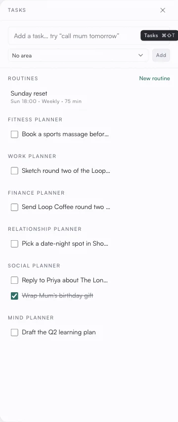 The asambl desktop Tasks panel: a to-do list grouped by life area with a check-off