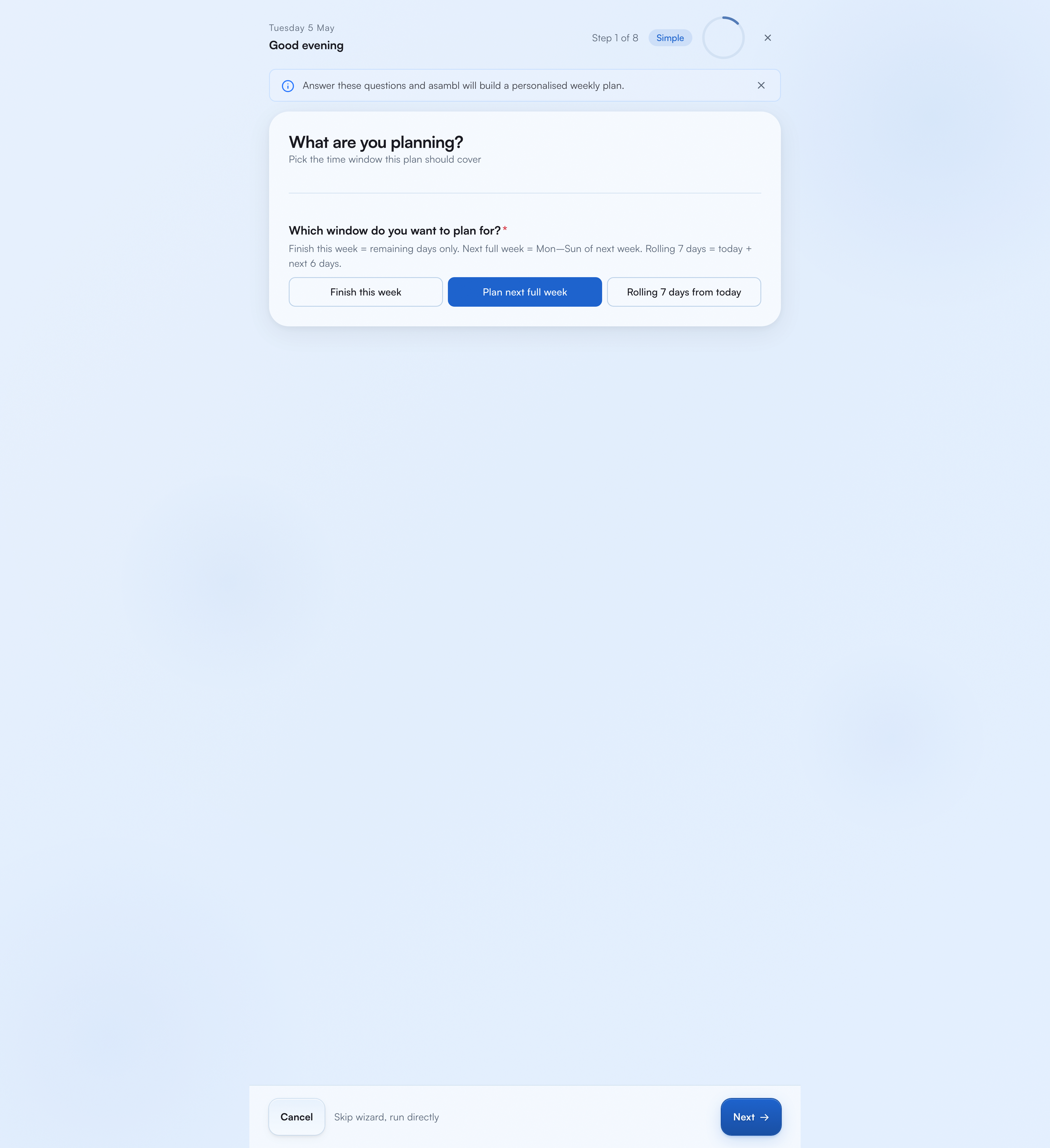 asambl wizard — choose which life areas to include in your weekly plan